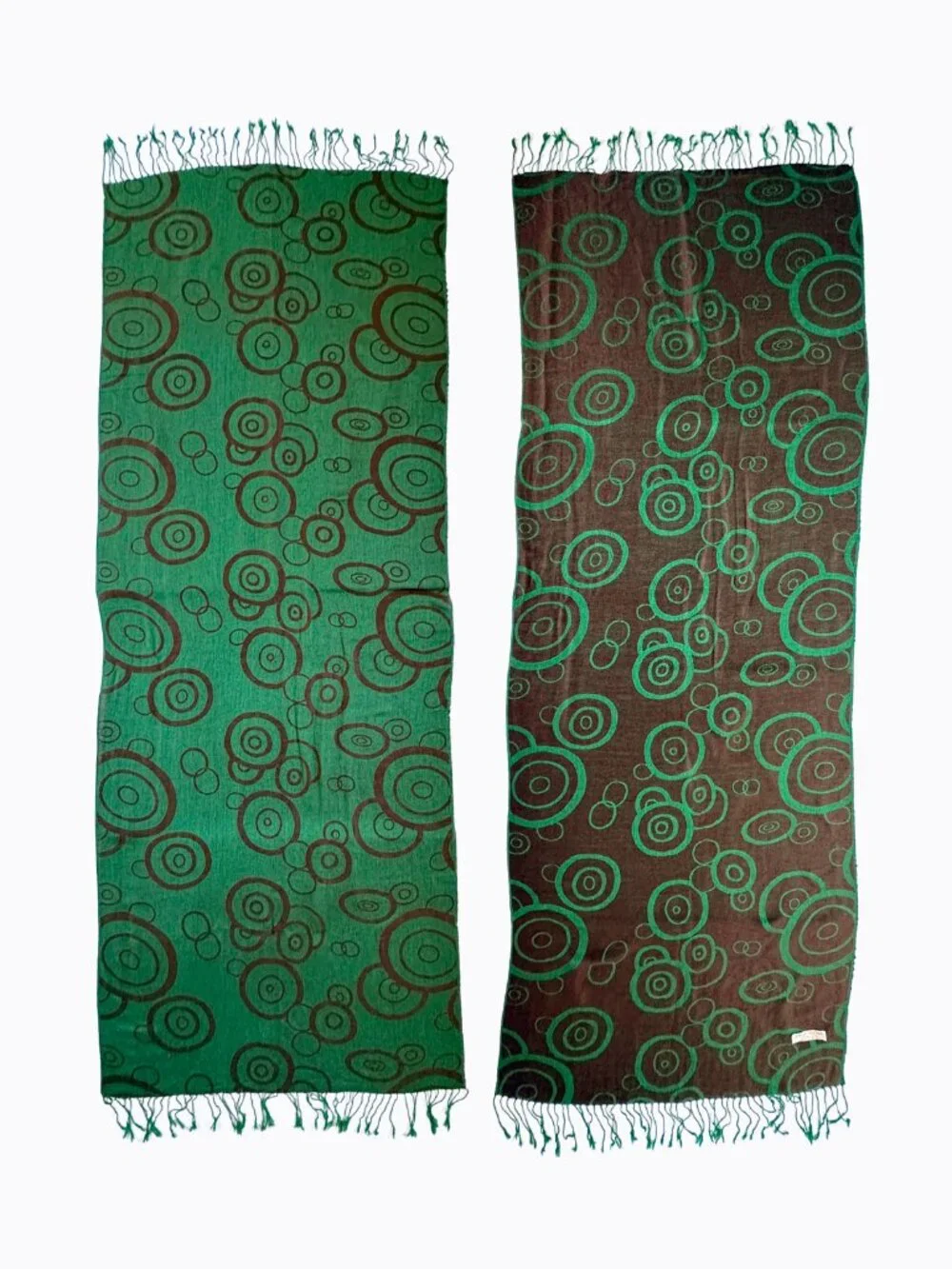 Vtg Pashmina Silk Blend Scarf Green Brown Circle Print Whimsigoth Fringe Shawl